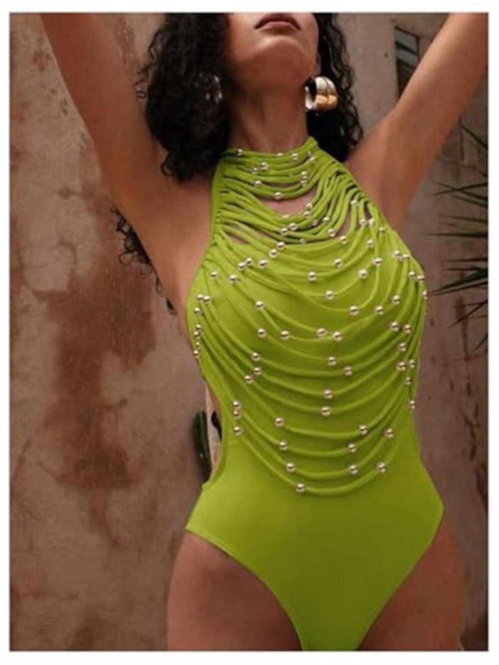 Women's Sexy Green One Piece Swimsuit Beaded Strappy Backless Swimwear